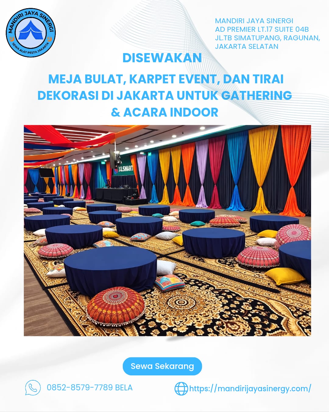 SEWA MEJA BULAT LESEHAN, KARPET PERMADANI, DAN TIRAI DEKORASI AREA JAKARTA UNTUK GATHERING & ACARA INDOOR