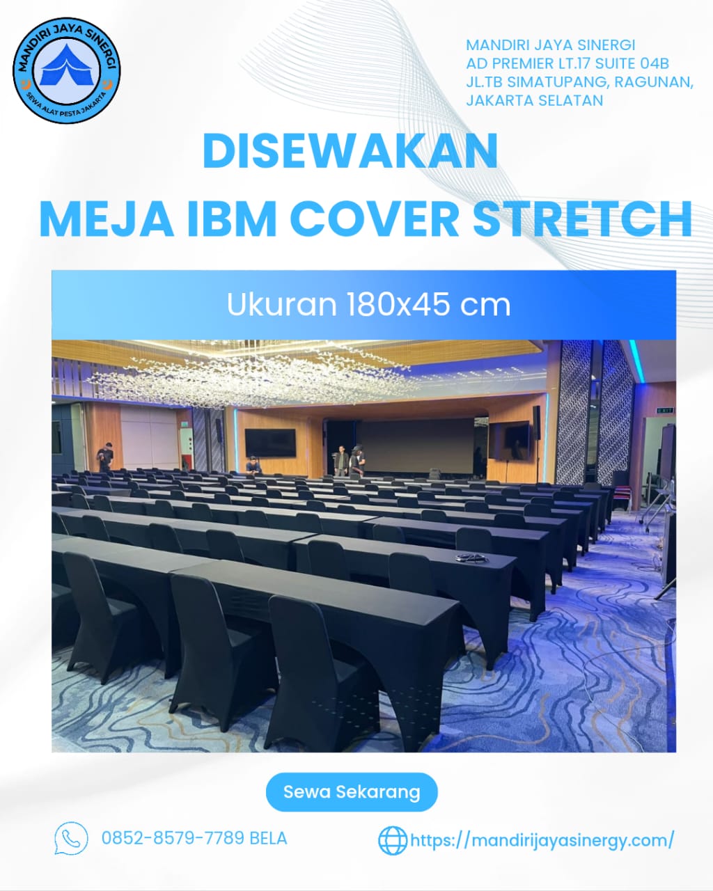 SEWA MEJA IBM 180X45 COVER STRETCH HITAM JAKARTA