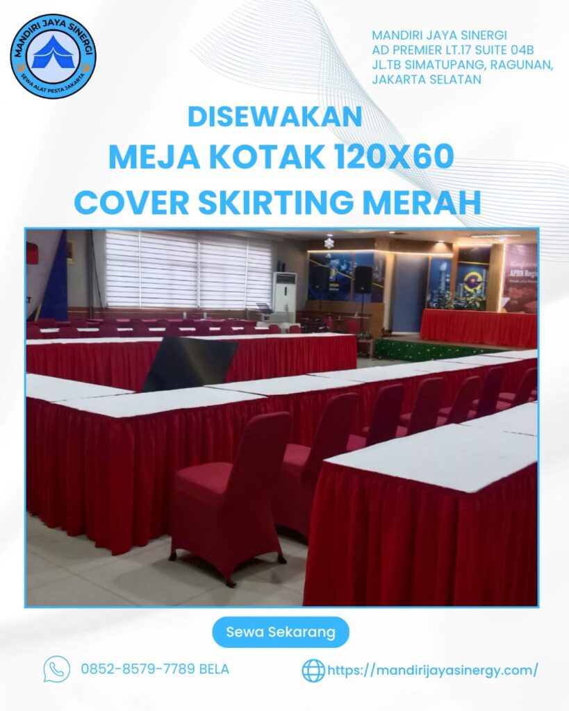 SEWA MEJA KOTAK 120 x 60 COVER SKIRITING MERAH AREA JAKARTA