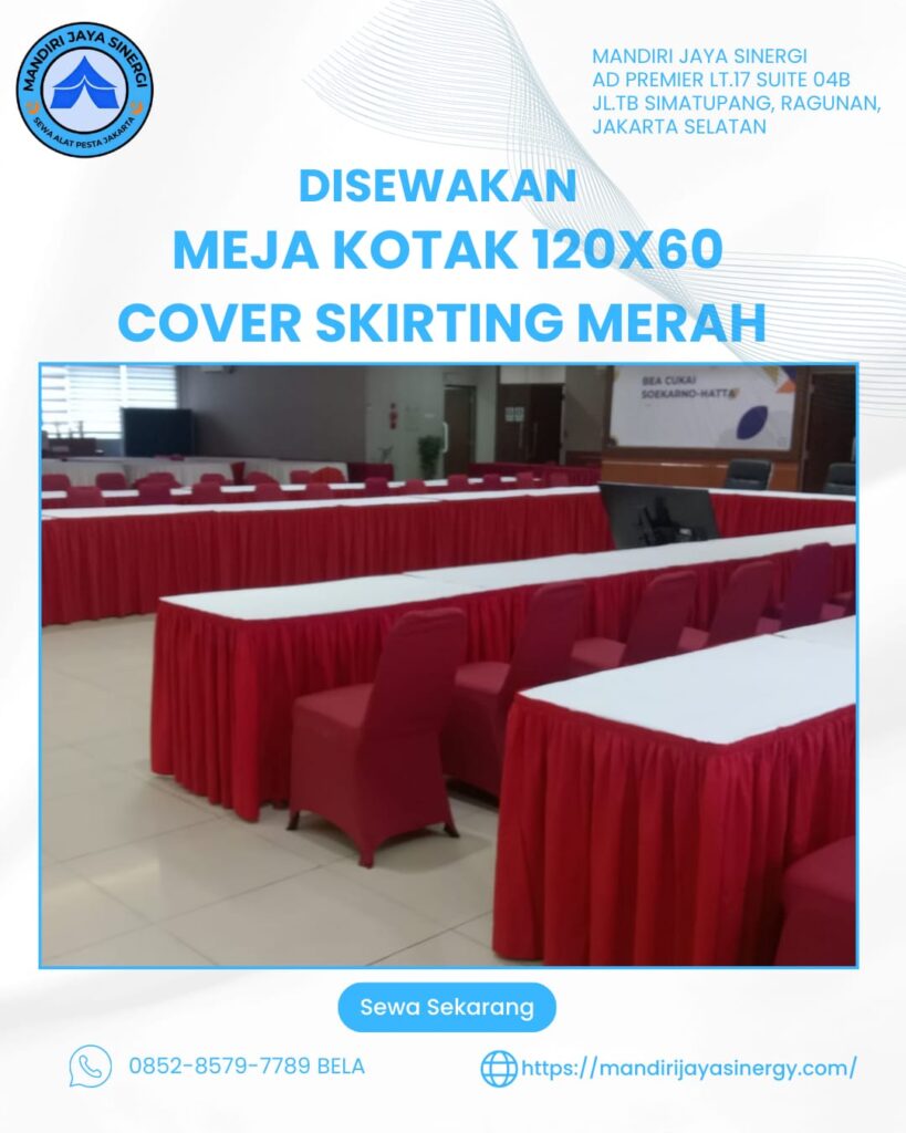 SEWA MEJA KOTAK 120 x 60 COVER SKIRITING MERAH AREA JAKARTA