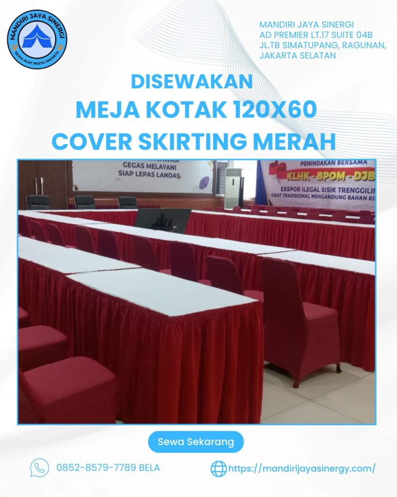 SEWA MEJA KOTAK 120 x 60 COVER SKIRITING MERAH AREA JAKARTA