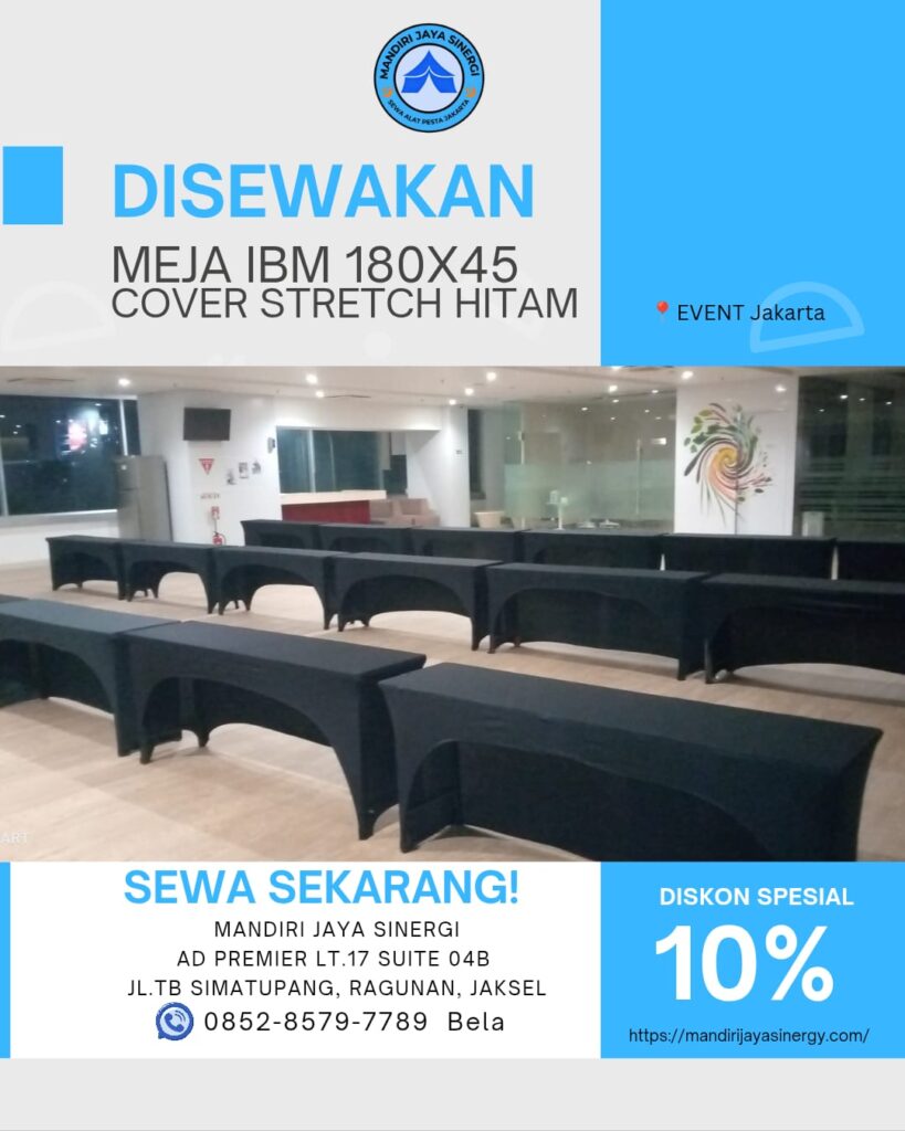 PUSAT SEWA MEJA IBM 180X45 COVER STRETCH HITAM JAKARTA