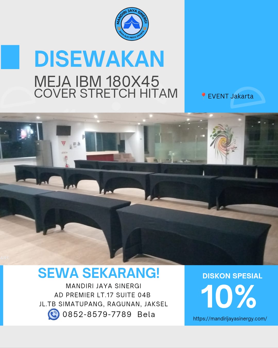 PUSAT SEWA MEJA IBM 180X45 COVER STRETCH HITAM JAKARTA