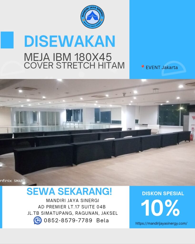 PUSAT SEWA MEJA IBM 180X45 COVER STRETCH HITAM JAKARTA