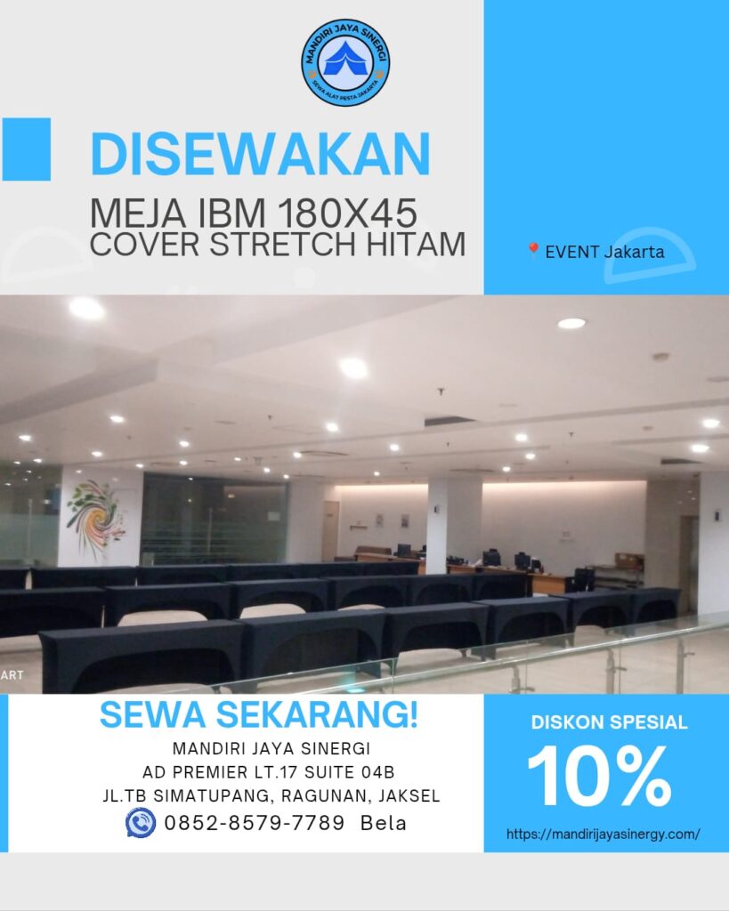 PUSAT SEWA MEJA IBM 180X45 COVER STRETCH HITAM JAKARTA