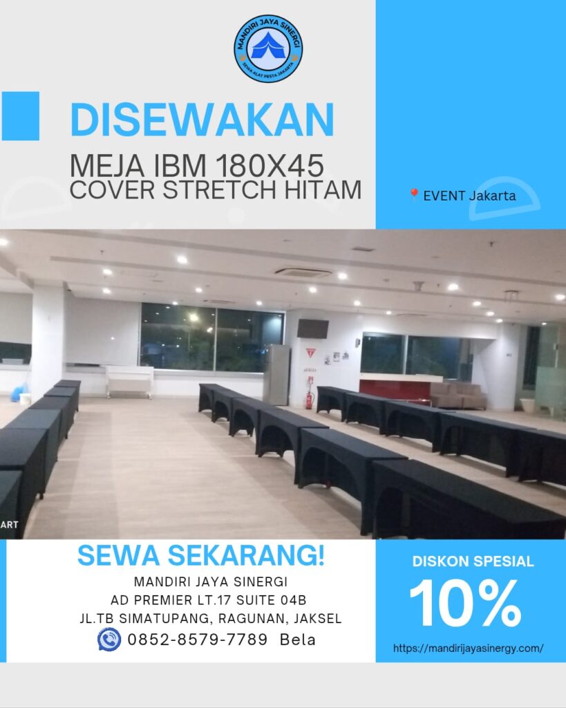 PUSAT SEWA MEJA IBM 180X45 COVER STRETCH HITAM JAKARTA