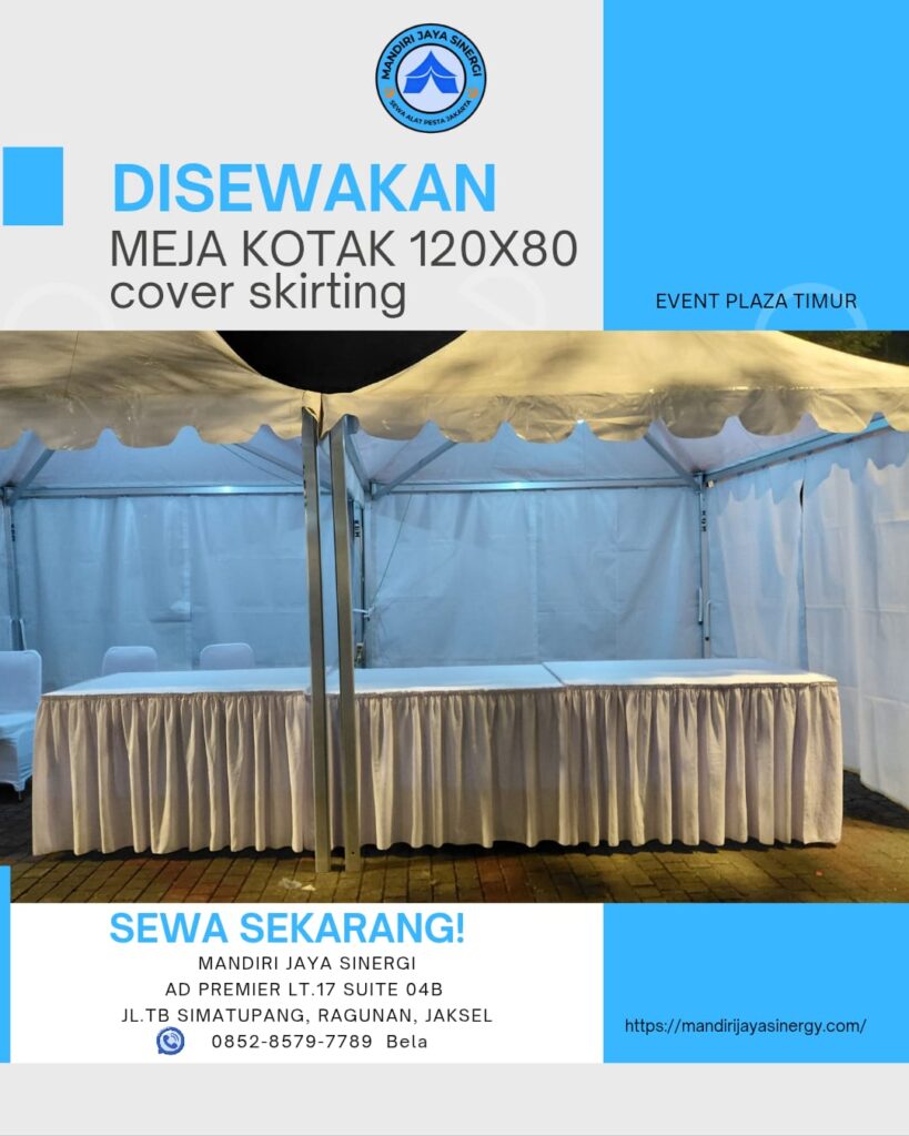 SEWA MEJA KOTAK 120x80 COVER SKIRITING PUTIH AREA JAKARTA