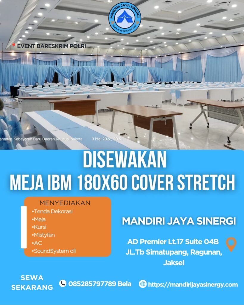 SEWA MEJA IBM 180X60 COVER STRETCH PUTIH JAKARTA SELATAN