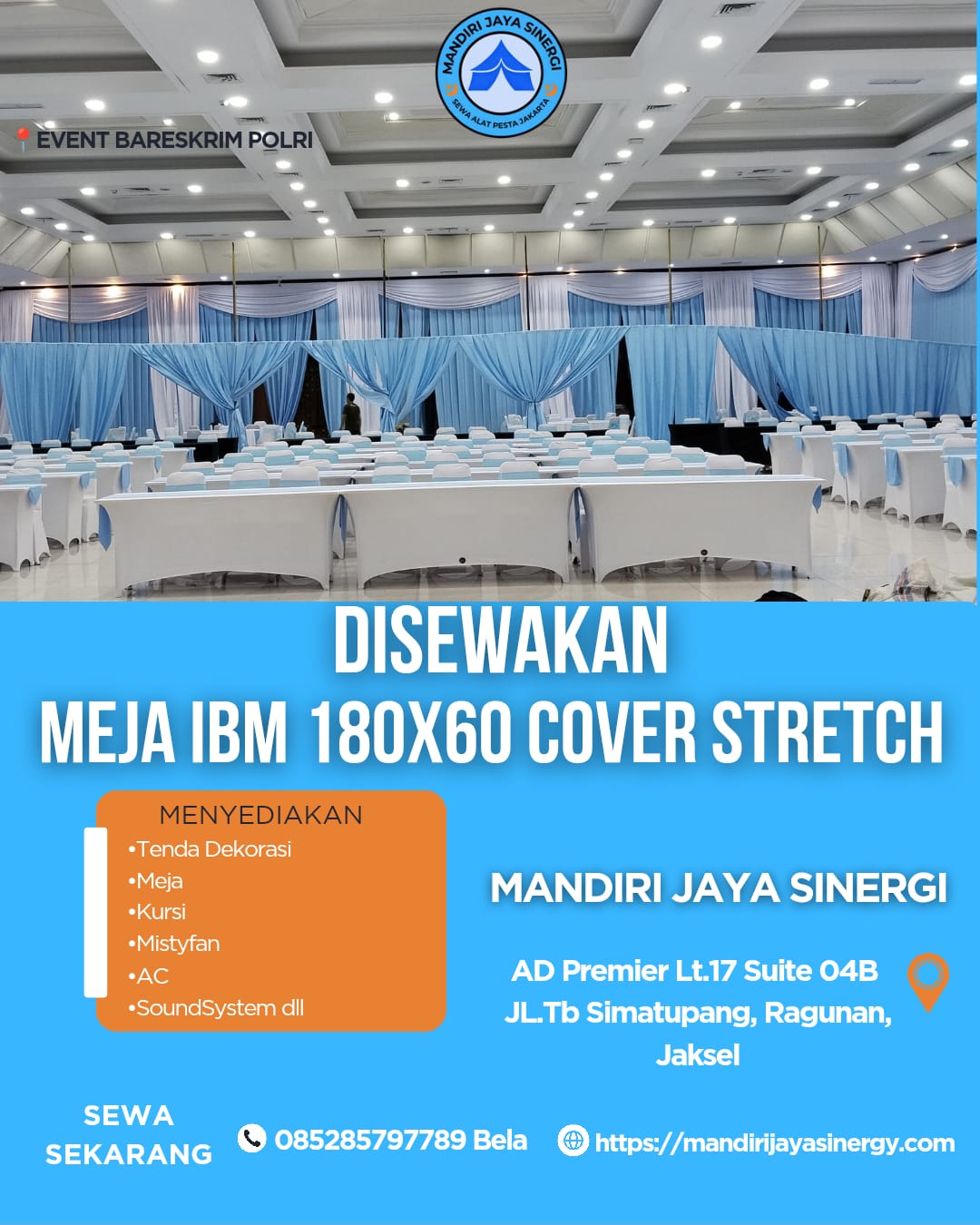 SEWA MEJA IBM 180X60 COVER STRETCH PUTIH JAKARTA SELATAN