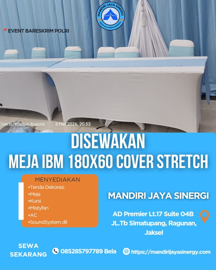 SEWA MEJA IBM 180X60 COVER STRETCH PUTIH JAKARTA SELATAN