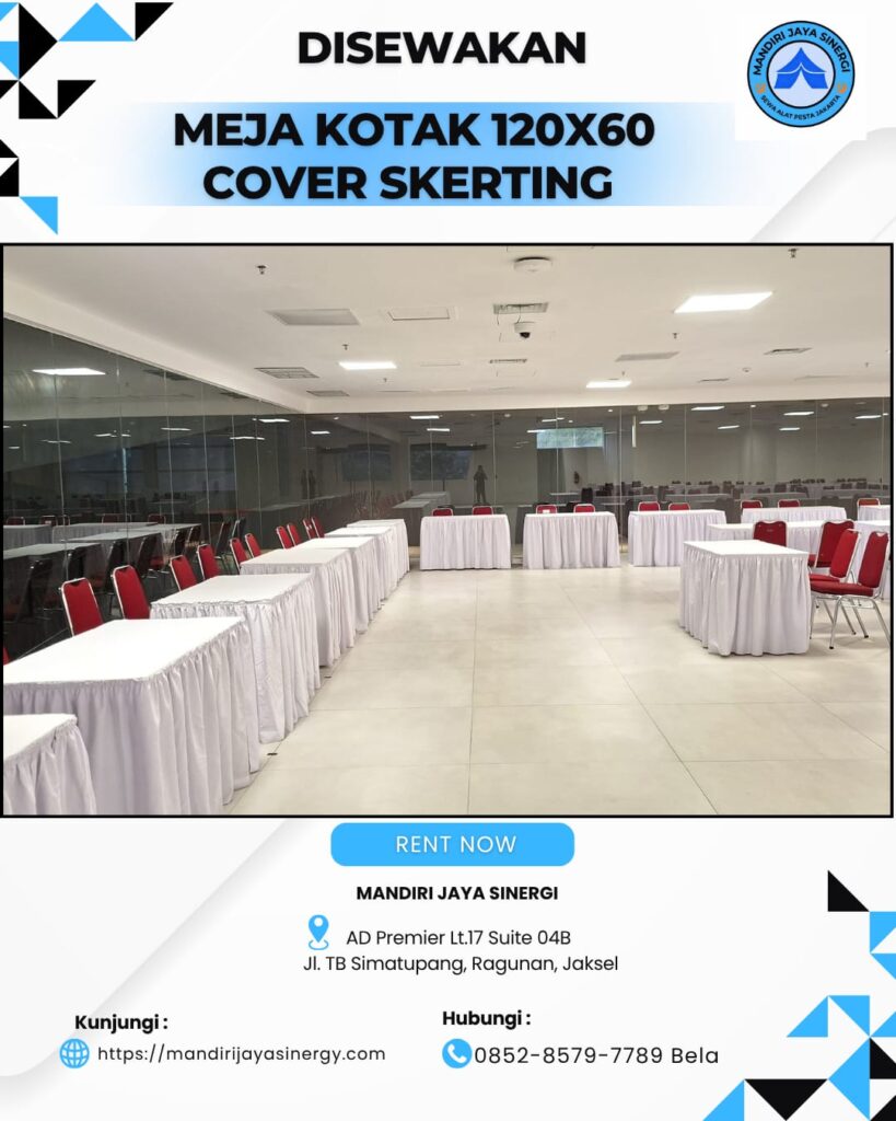 SEWA MEJA KOTAK 120X60 COVER SKERTING PUTIH JAKARTA