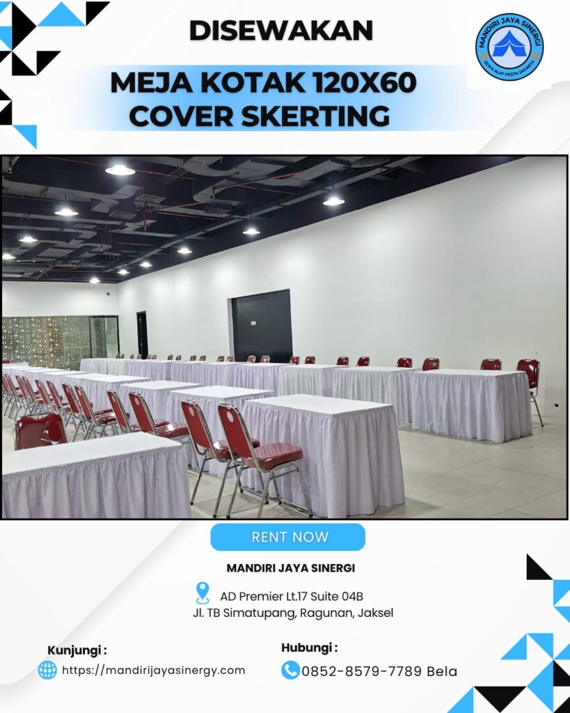 SEWA MEJA KOTAK 120X60 COVER SKERTING PUTIH JAKARTA