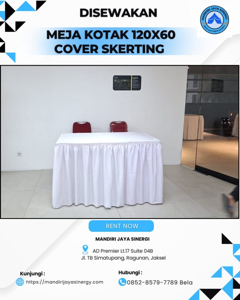 SEWA MEJA KOTAK 120X60 COVER SKERTING PUTIH JAKARTA