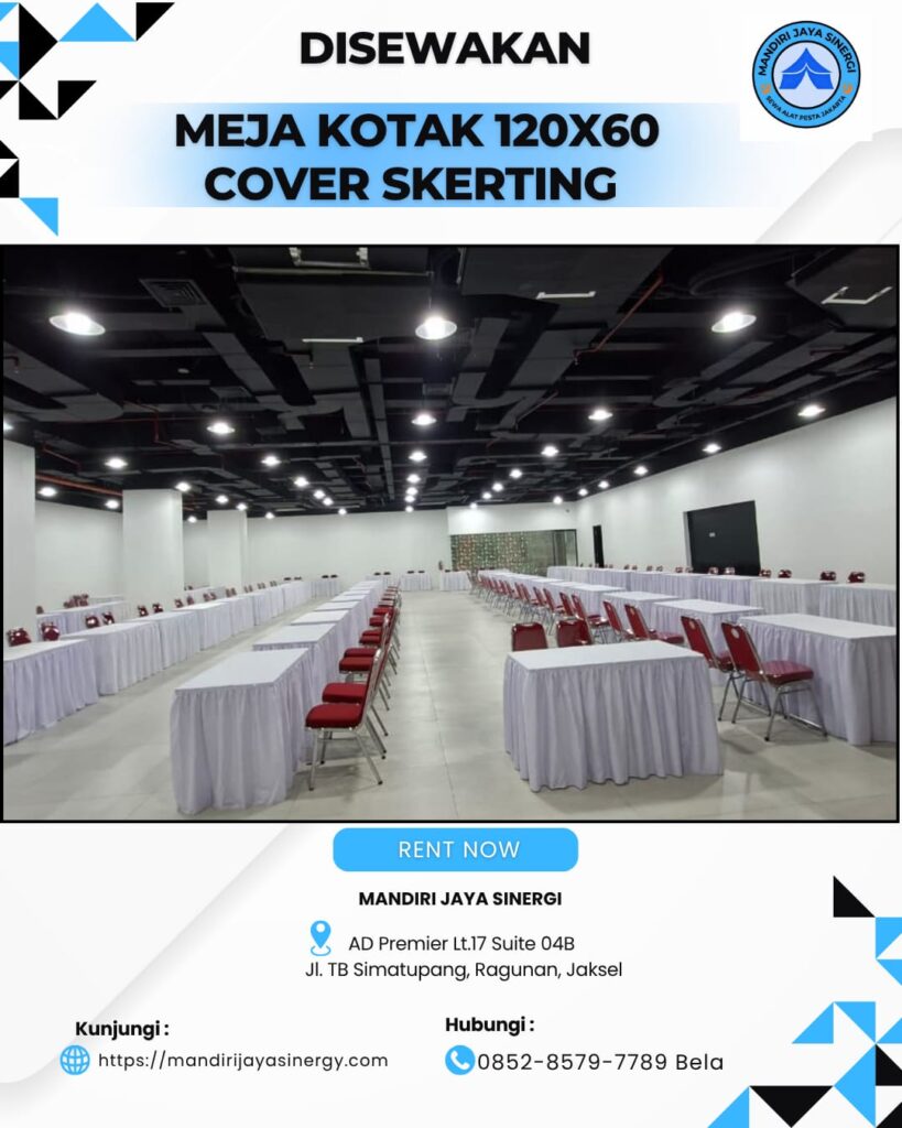 SEWA MEJA KOTAK 120X60 COVER SKERTING PUTIH JAKARTA