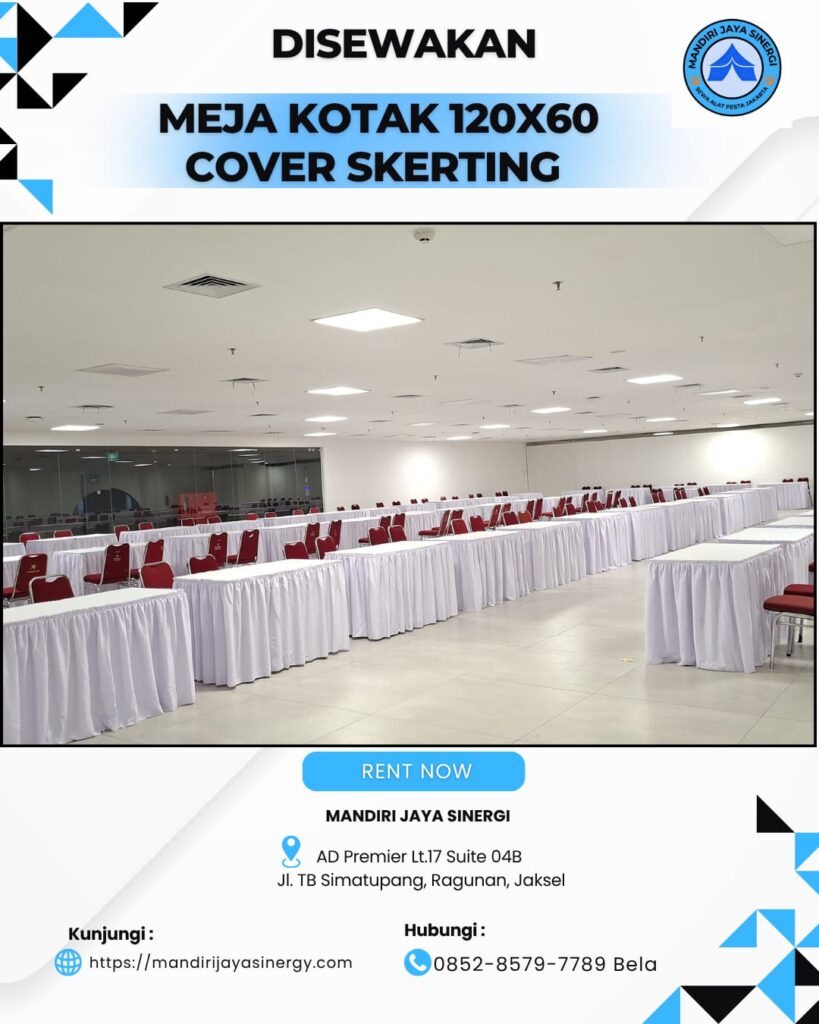 SEWA MEJA KOTAK 120X60 COVER SKERTING PUTIH JAKARTA