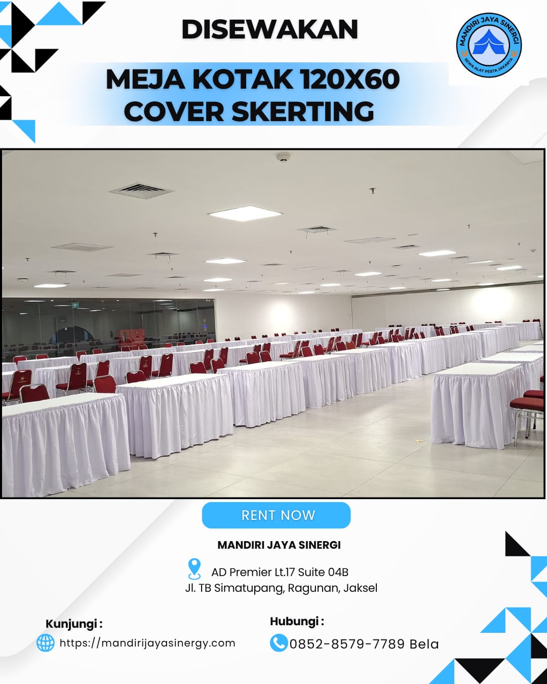 SEWA MEJA KOTAK 120X60 COVER SKERTING PUTIH JAKARTA