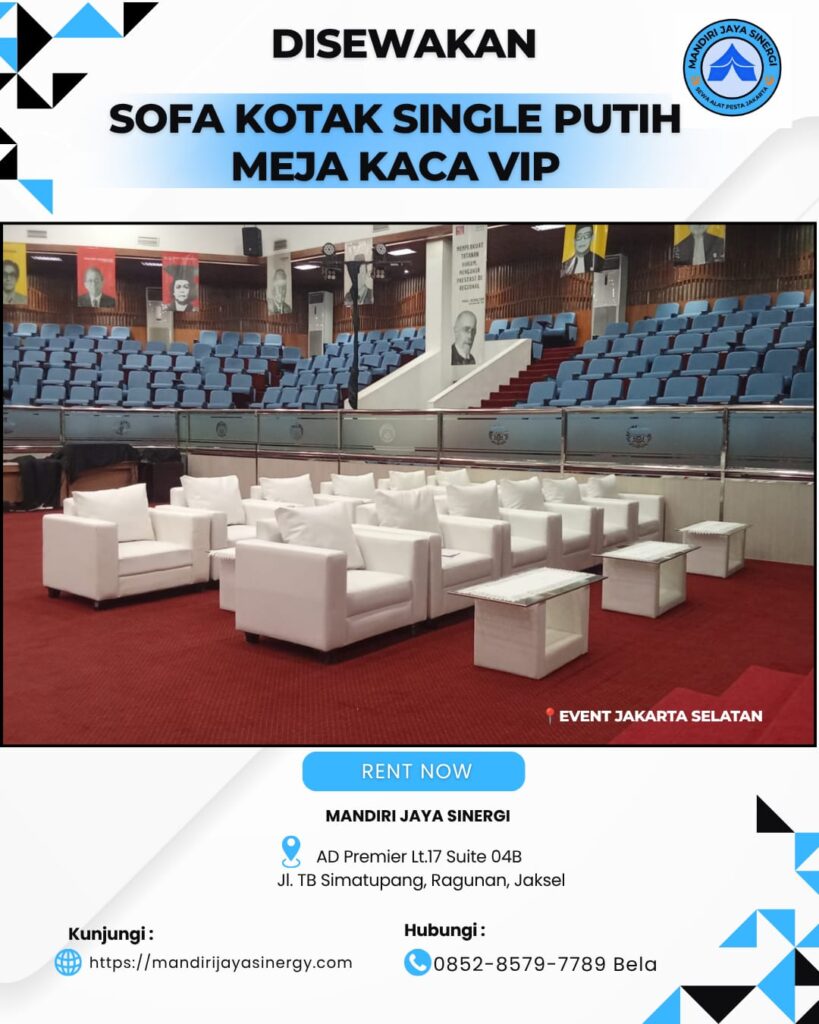 SEWA SOFA KOTAK SINGLE PUTIH SET MEJA KACA VIP AREA JAKARTA