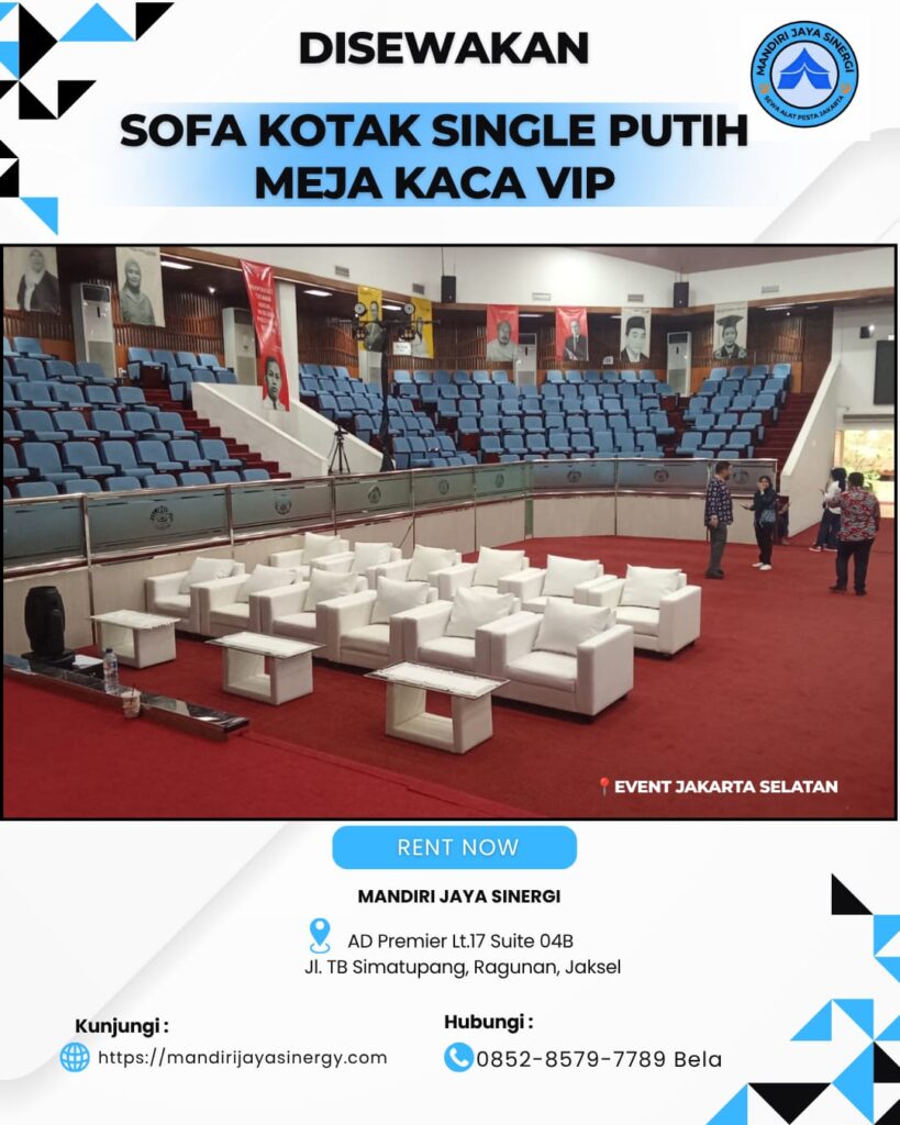 SEWA SOFA KOTAK SINGLE PUTIH SET MEJA KACA VIP AREA JAKARTA