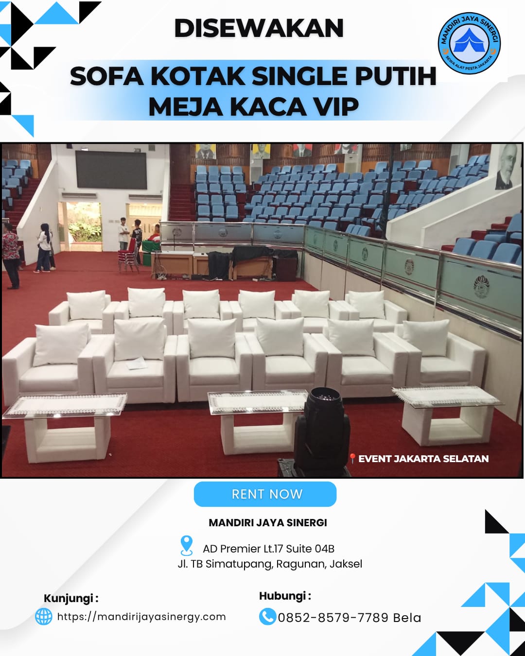 SEWA SOFA KOTAK SINGLE PUTIH SET MEJA KACA VIP AREA JAKARTA
