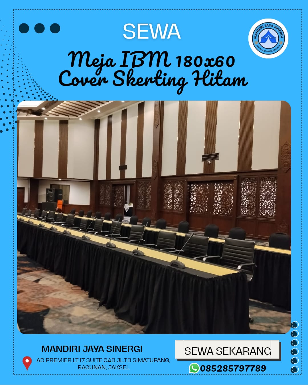 SEWA MEJA IBM 180X60 COVER SKERTING HITAM UNTUK EVENT JAKARTA