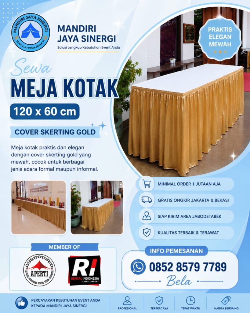 SEWA MEJA KOTAK 120x60 COVER SKERTING GOLD JAKARTA