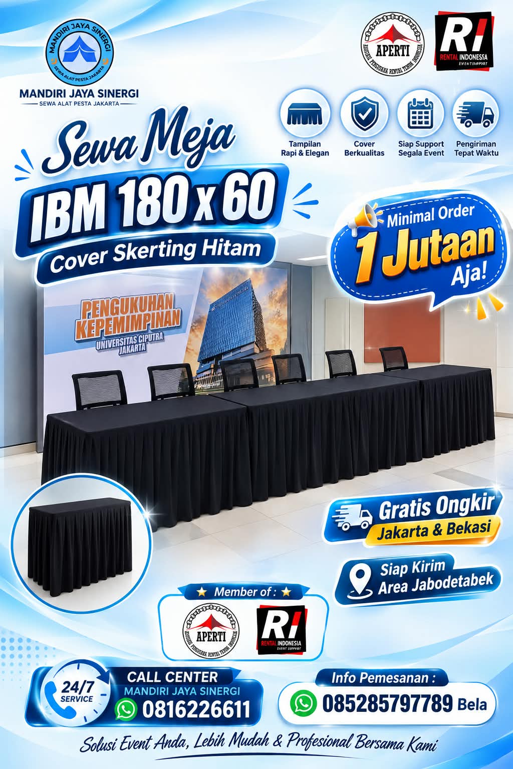 SEWA MEJA IBM 180x60 COVER SKERTING HITAM AREA JAKARTA