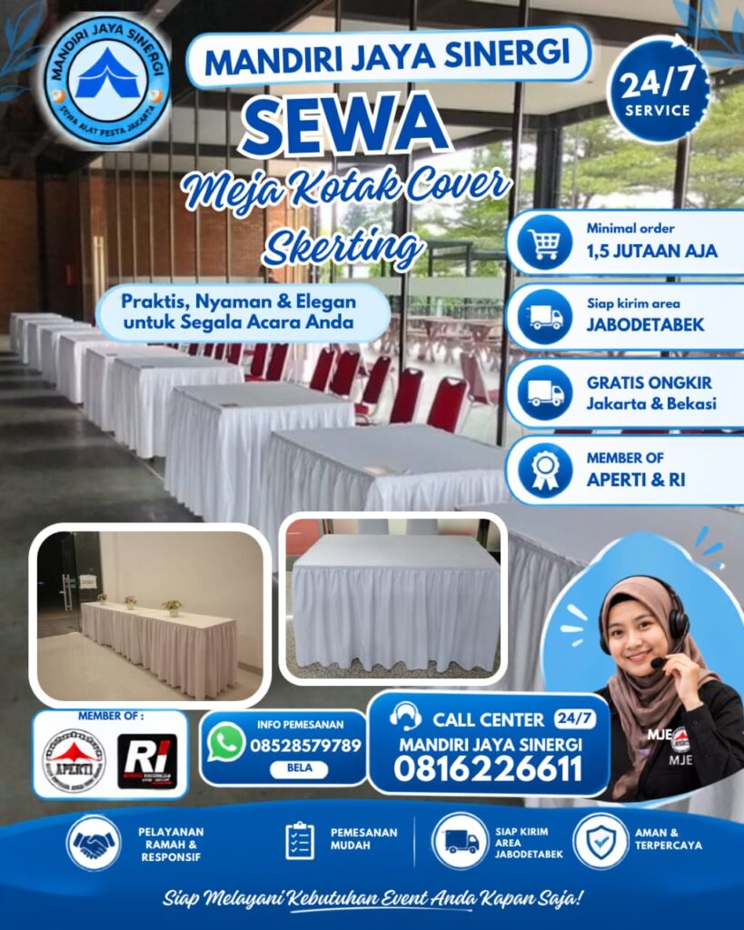 SEWA MEJA KOTAK COVER SKERTING UNTUK BERBAGAI KEBUTUHAN EVENT