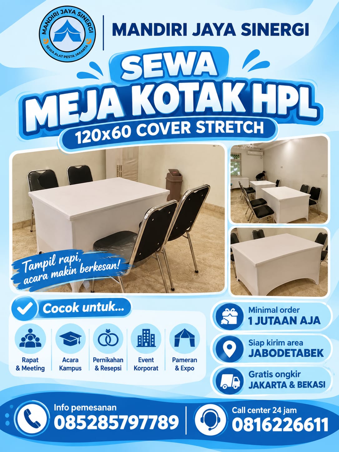 Sewa Meja Kotak HPL 120x60 Cover Stretch Jakarta