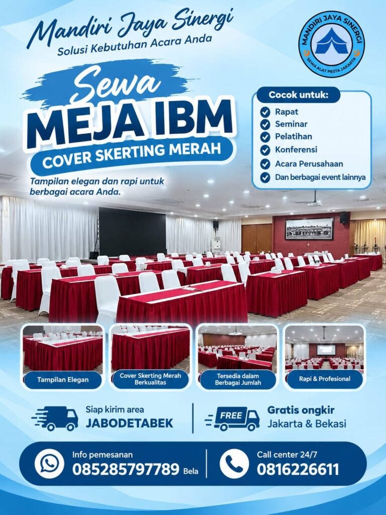 SEWA MEJA IBM COVER SKERTING MERAH UNTUK EVENT PROFESIONAL