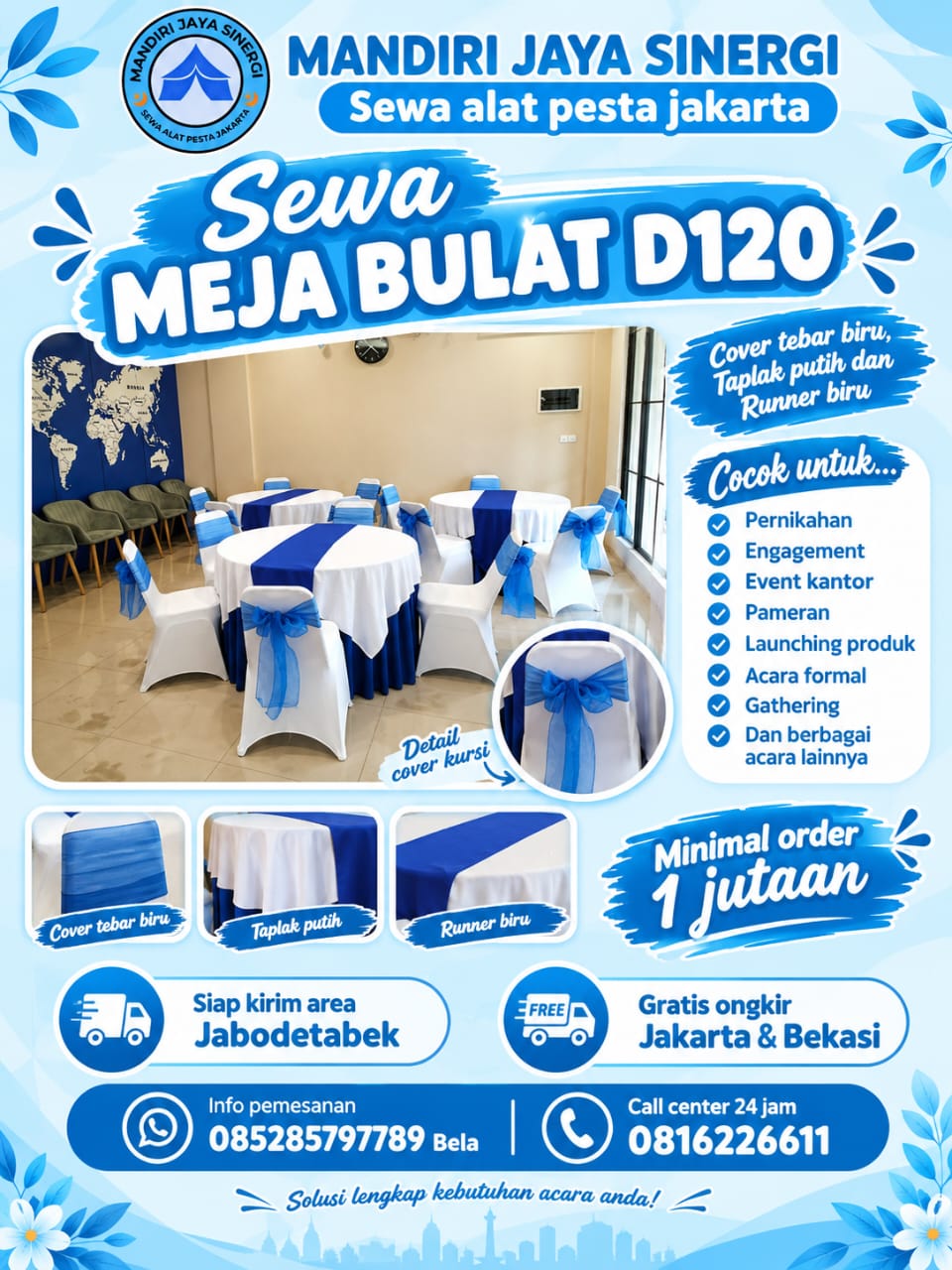 SEWA MEJA BULAT D120 SIAP KIRIM AREA JABODETABEK